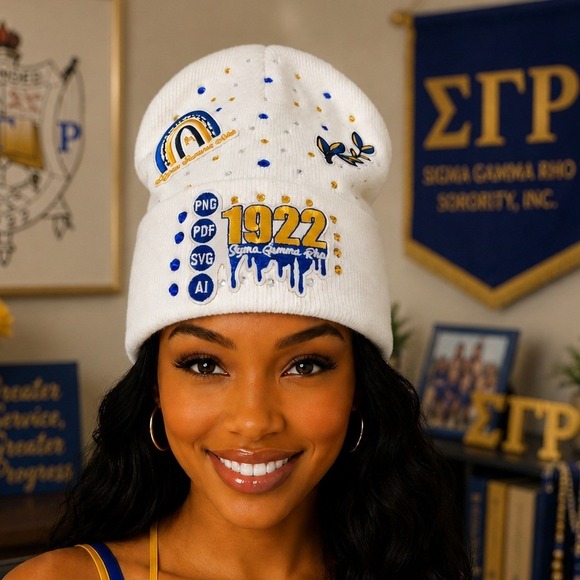 Sigma Gamma Rho Sorority 1922 White Knit Beanie Hat Blue Gold Rhinestone SGRho main image 5
